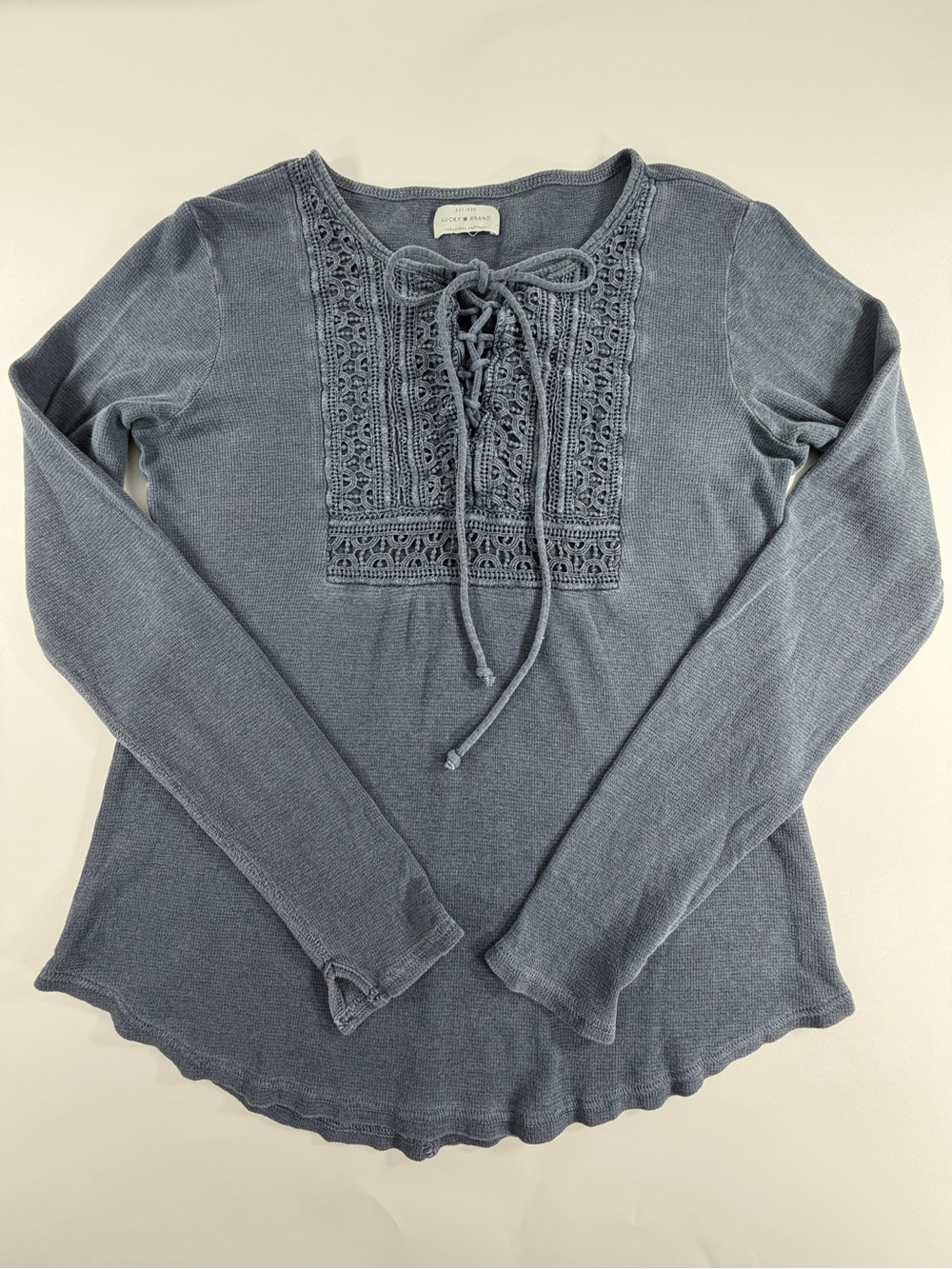 Lucky Brand Boho Blue Thermal Lace Up Crochet Knit Top Womens‎ Medium Waffle